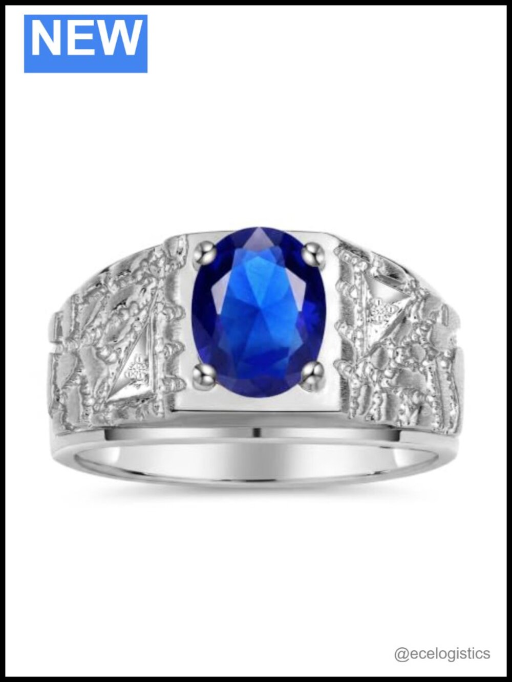Men's Sterling Silver Nugget Ring Oval 9x7mm Gemstone Diamonds Size 10.25